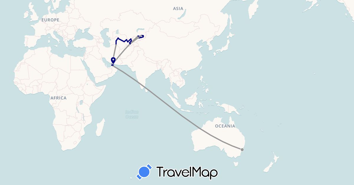 TravelMap itinerary: driving, plane in United Arab Emirates, Australia, Kyrgyzstan, Kazakhstan, Tajikistan, Turkmenistan, Uzbekistan (Asia, Oceania)